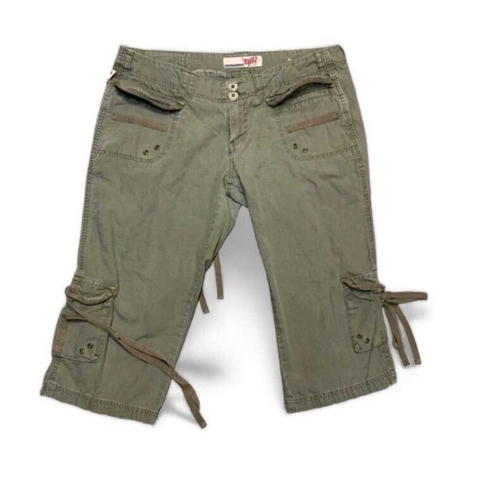 Tyte Jeans Cargo Army Green Capris Women's Size 9 Tie Pockets 100% Cotton
